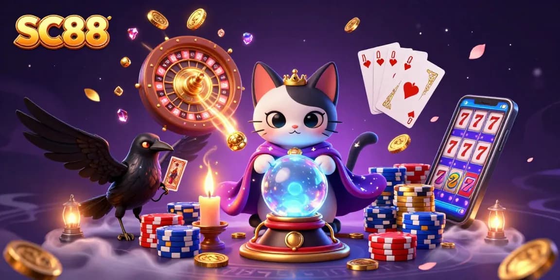 Play SC88 and enjoy a vibrant casino scene with mystical characters and sparkling game elements.