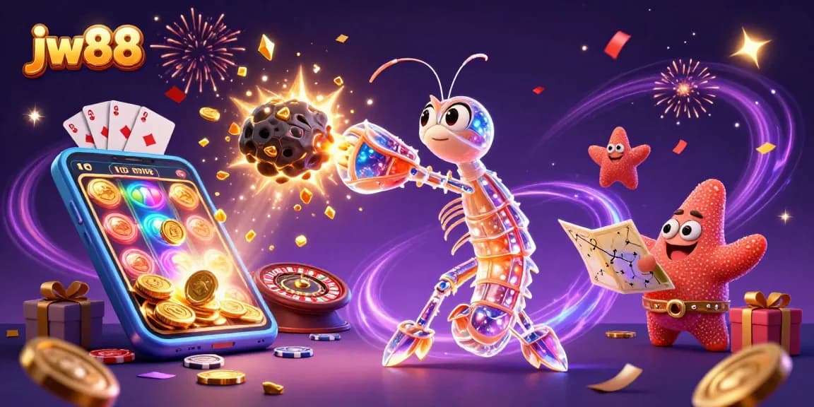 Engage in lively gaming with jw88's vibrant 3D illustration featuring galactic characters in an action-packed casino scene.