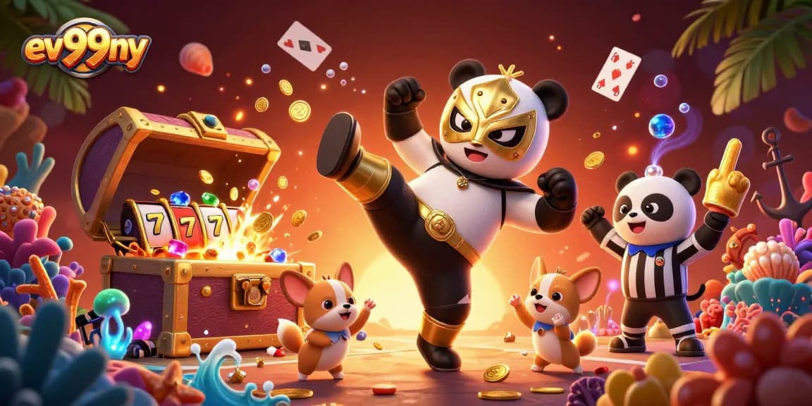 Experience thrilling gameplay at ev99ny with a vibrant scene of fun characters and rich casino elements.