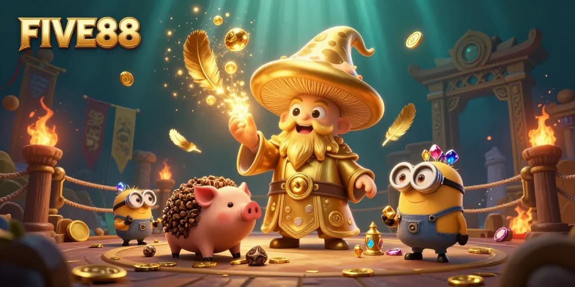 Experience the magical FIVE88 gaming world with the enchanting wizard, treasure-hunting pig, and dynamic casino elements.