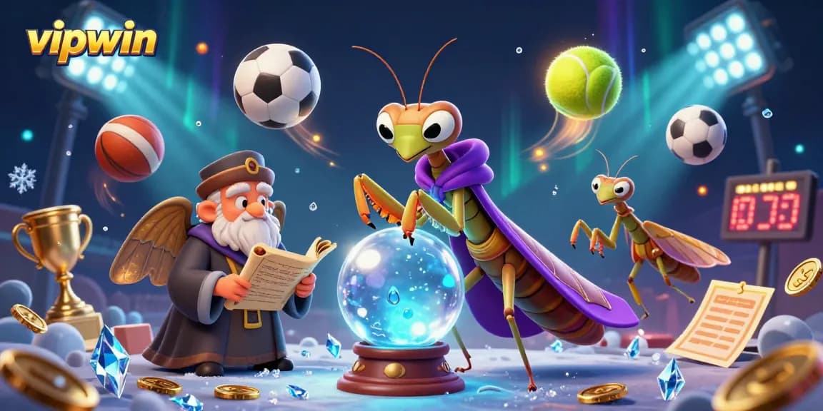 Engage with vipwin's dynamic betting scene featuring fortune tellers, sports elements, and victory symbols.