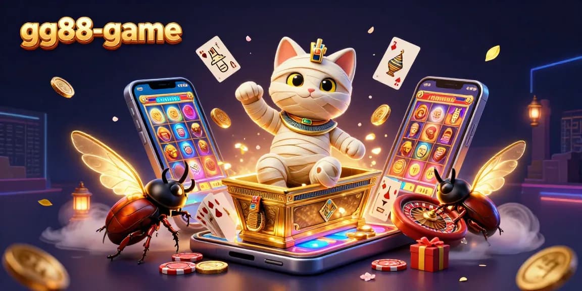 Experience excitement at gg88-game with an Egyptian mummy cat in a vibrant casino scene featuring dynamic game elements.