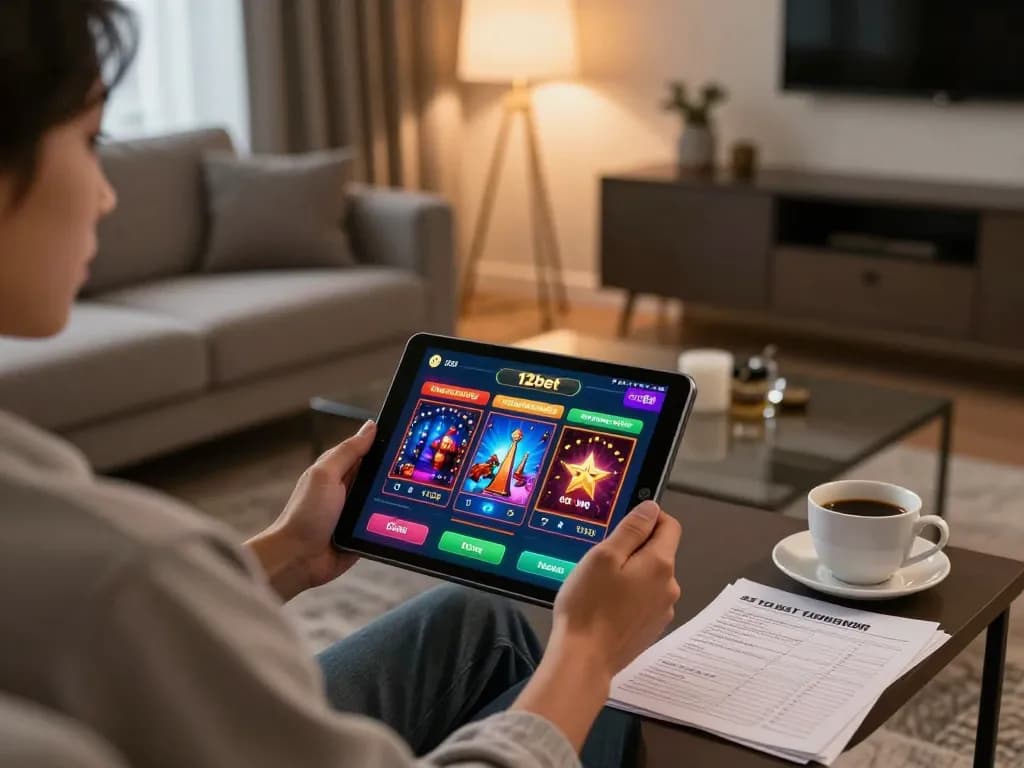 Tham gia đánh bạc trực tuyến trên ứng dụng 12bet trên máy tính bảng trong một phòng khách ấm cúng.