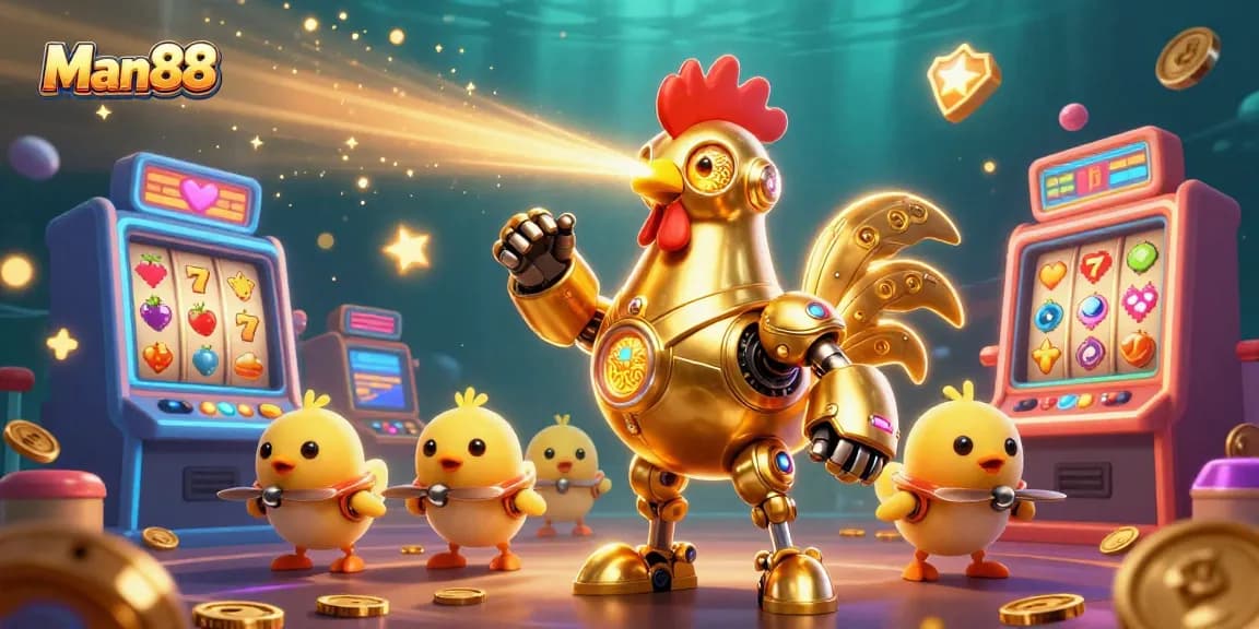 Engage in thrilling slot adventures with Man88's golden rooster robot and baby chick drones in a vibrant casino world.