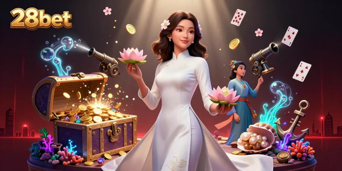 Experience thrilling gaming at 28bet with a vibrant 3D casino scene showcasing fortune and excitement.