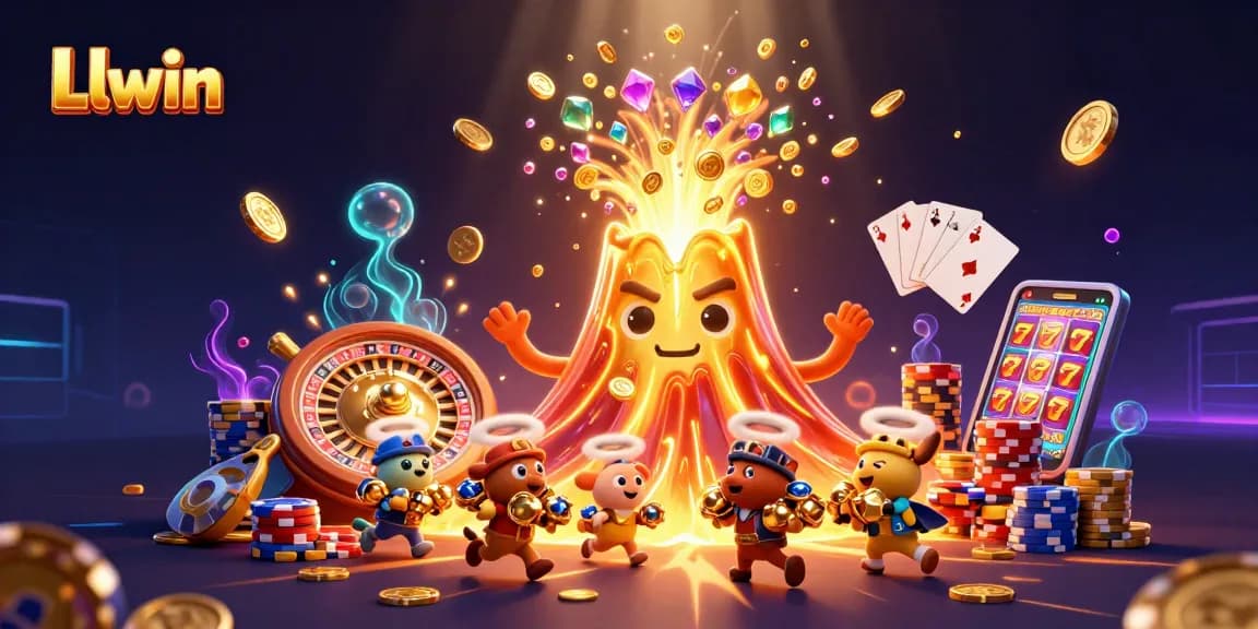 Llwin offers thrilling casino action with a vibrant volcano erupting coins and adventurous explorers.