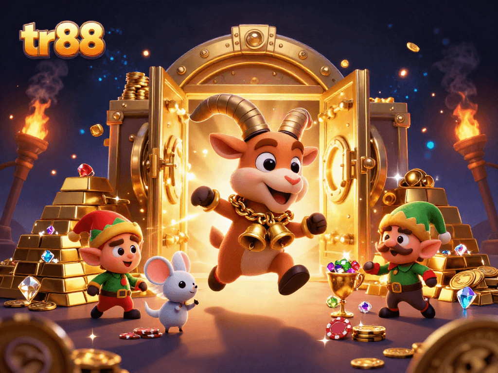 tr88 reveals a chaotic scene of Krampus managing a casino, filled with mischievous gremlins and riches.