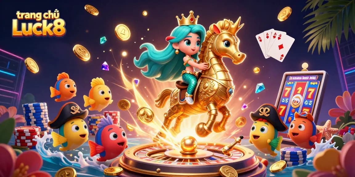 Spin the reels on trang chủ Luck8 as a mermaid princess rides a seahorse amid cascading coins and vibrant casino elements.