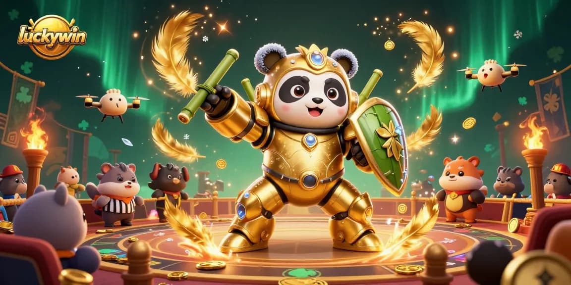 Engage in thrilling games at luckywin with a vibrant 3D scene of a panda in a mech suit at an online casino.
