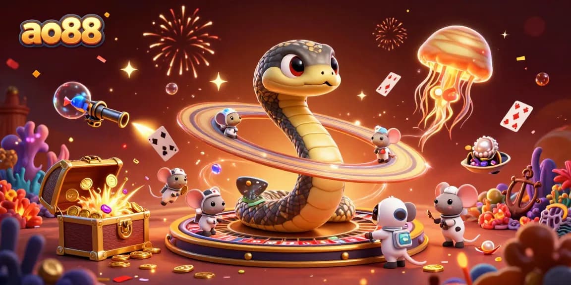 Experience thrilling bets with ao88's cosmic casino scene featuring roulette and glowing treasures.