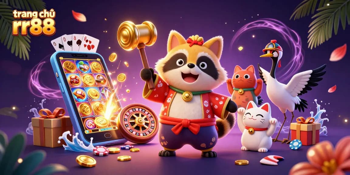 Experience thrilling games at trang chủ rr88 with cheerful tanuki and fortune cats in a lively 3D illustration.