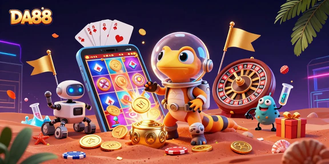 DA88 showcases a vibrant 3D scene with a Martian gecko exploring a golden casino amid dynamic gaming elements.
