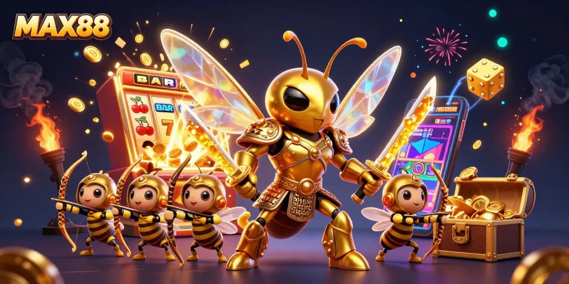 Experience thrilling gameplay with MAX88, featuring an epic golden hornet and vibrant casino elements.