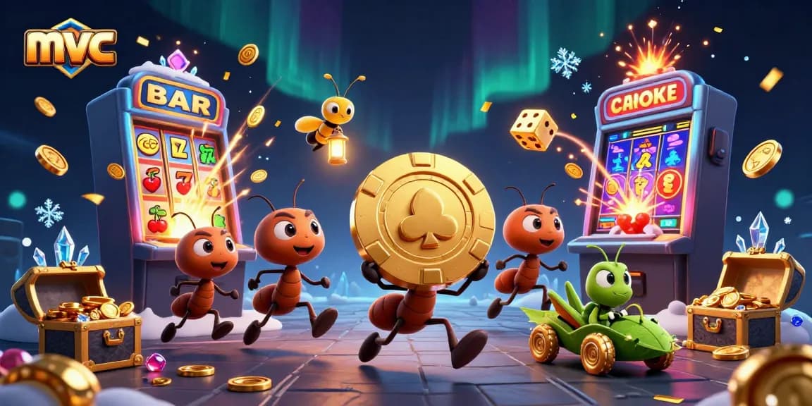 Ants hustle for a giant poker chip in a vibrant casino heist scene themed around mv casino.