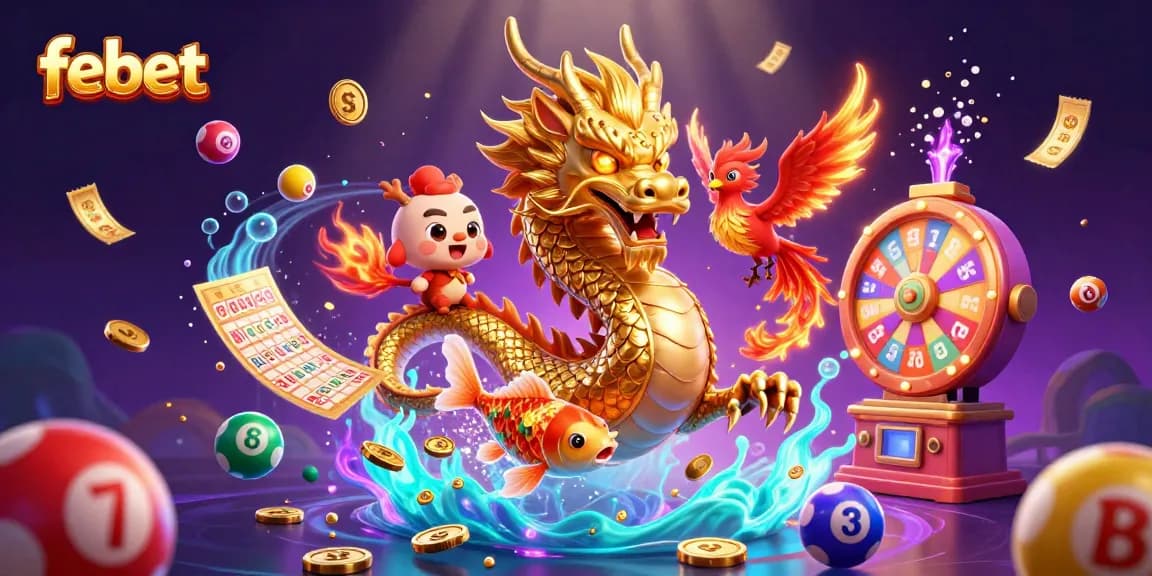 Play exciting games with febet featuring a fierce dragon, phoenix, and leaping koi amidst colorful casino elements.