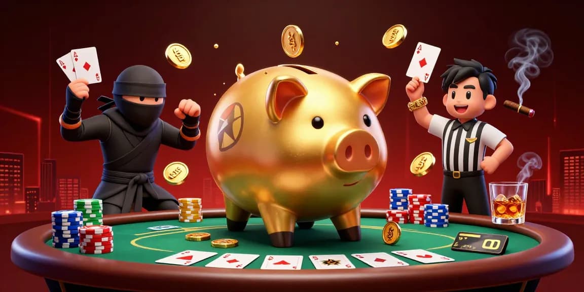 MM88 showcases an exciting casino scene with engaging characters like a golden piggy bank sumo wrestler and a ninja.