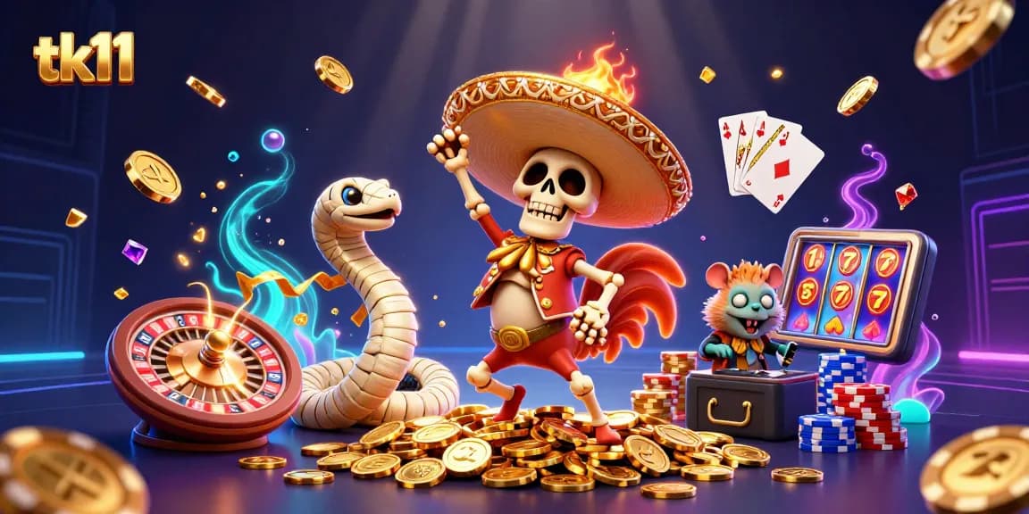 Experience exciting gaming action at tk11 with vibrant 3D illustration of casino-themed characters.