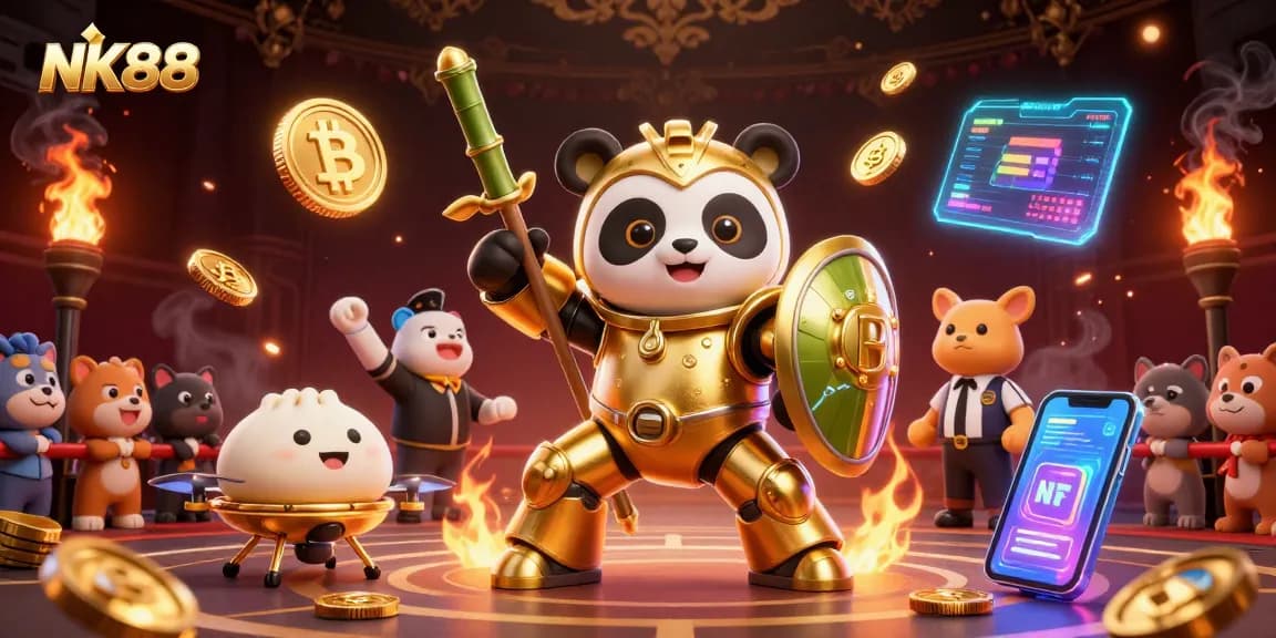 Experience thrilling gameplay at NK88 with a dynamic digital illustration featuring a mech-suit panda in a crypto casino arena.