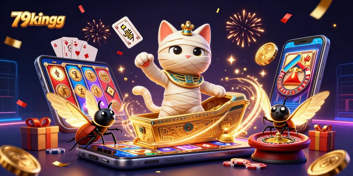 Play with 79kingg's colorful slot games, where a mummy cat and scarab bring gaming excitement alive.