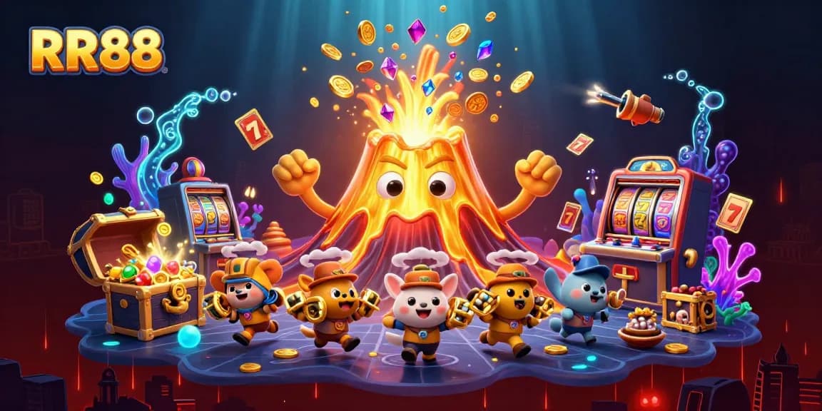 RR88 promotes vibrant gaming experiences with a golden volcano erupting treasures in an exciting casino scene.