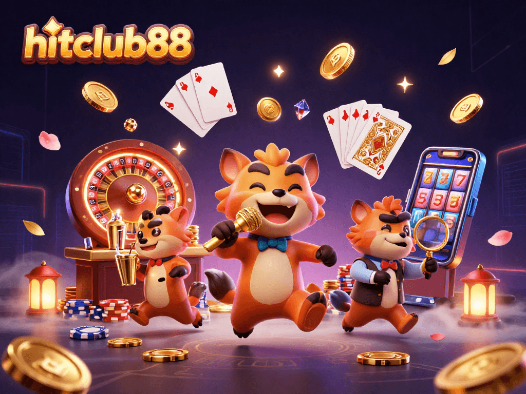 Experience the excitement at hitclub88 with lively hyenas in a comedy casino scene filled with jackpot symbols.