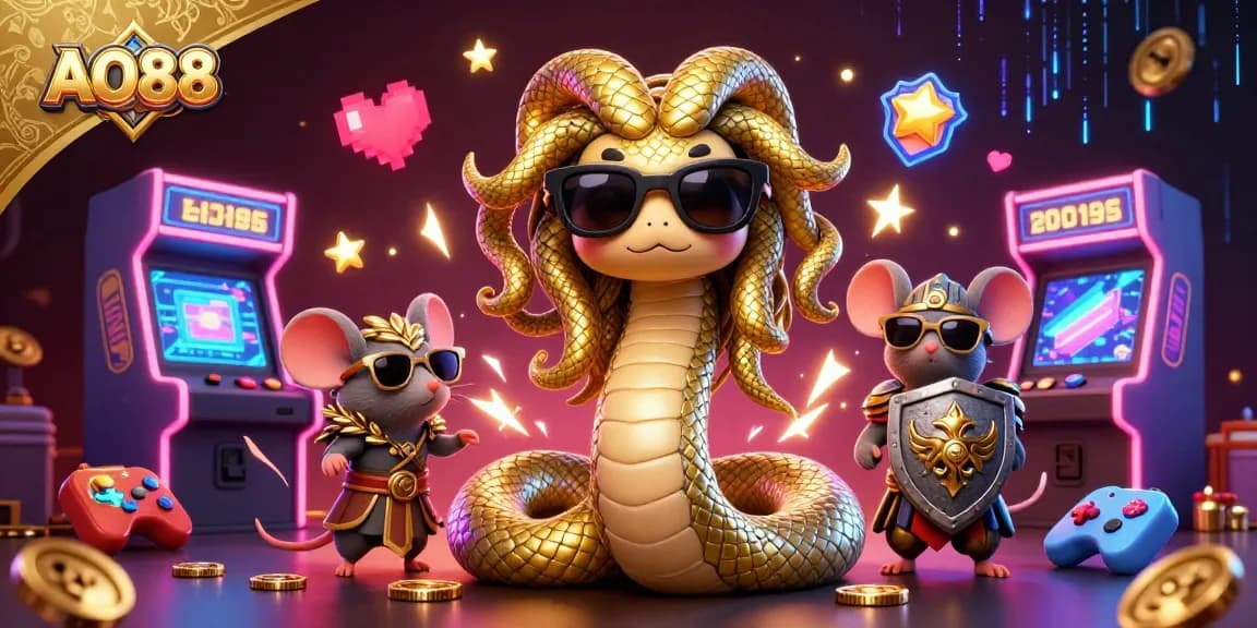Join the gaming excitement at AO88 with a vibrant 3D illustration featuring Medusa, the warrior mouse, and arcade elements.