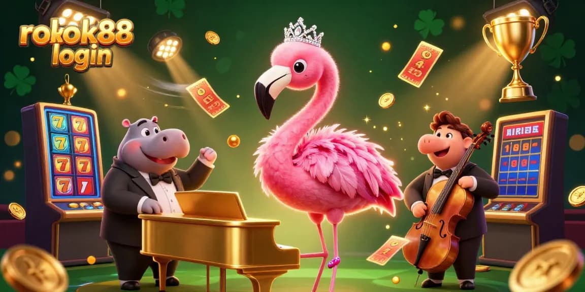 Experience the fun of rokok88 login with entertaining casino characters and vibrant game elements in this lively illustration.