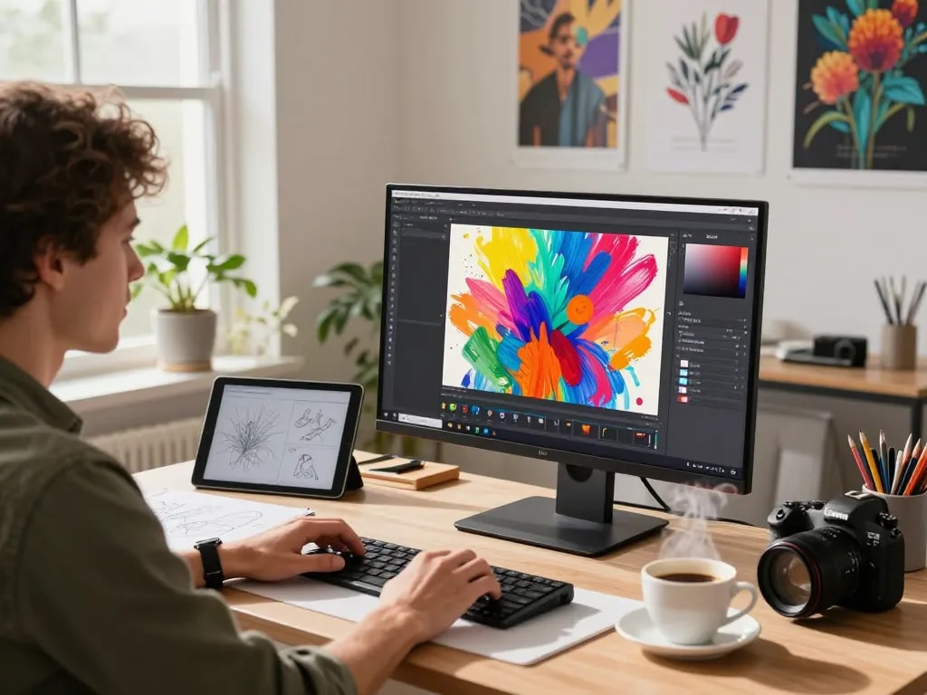Digital artist editing vibrant artwork with nano banana ai in a bright studio.