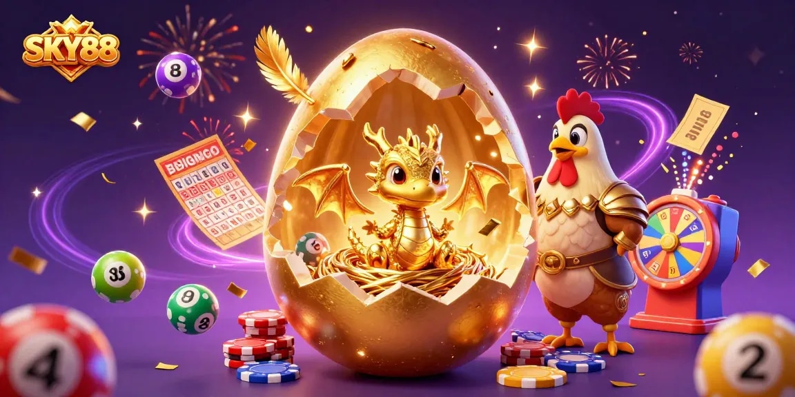 SKY88 launches an immersive gaming experience with vibrant lottery elements and a golden dragon.