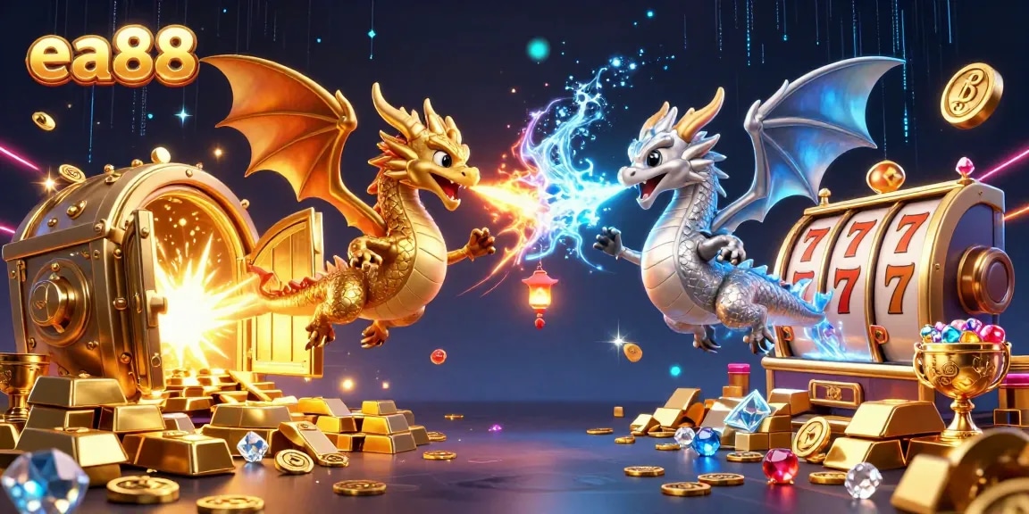 ea88 dragons breathe fire and ice amidst treasure and jackpot elements in a vibrant casino scene