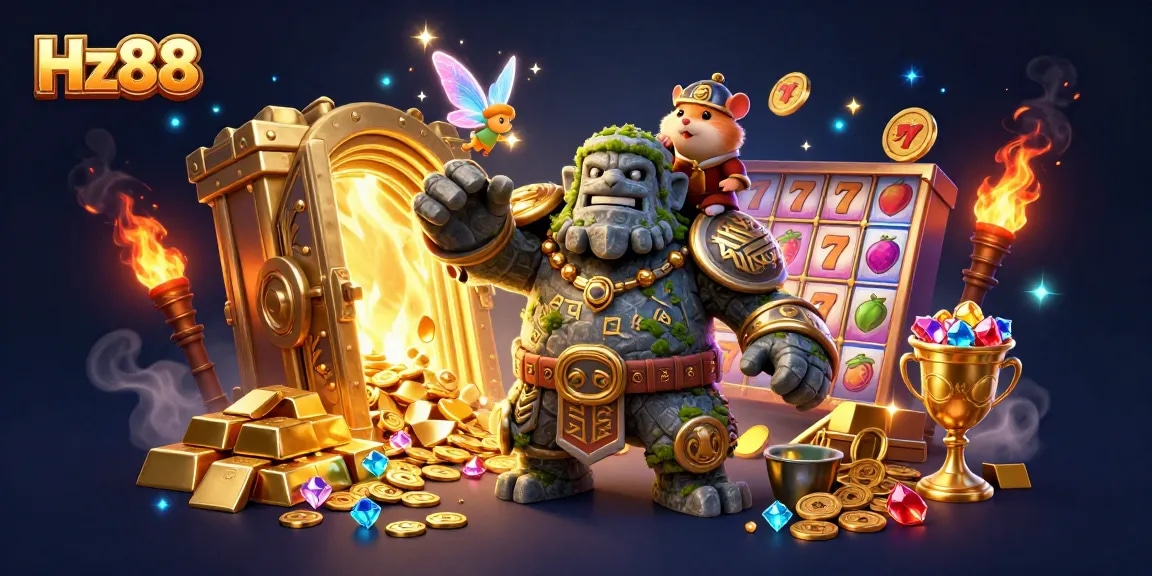 Experience thrilling gameplay with Hz88's vibrant 3D illustration of a golem and knight amidst slot reels and treasures.