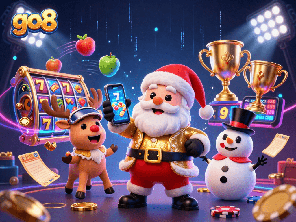 Engage with exhilarating go8 slots action in a vibrant, immersive casino scene featuring Santa and friends.