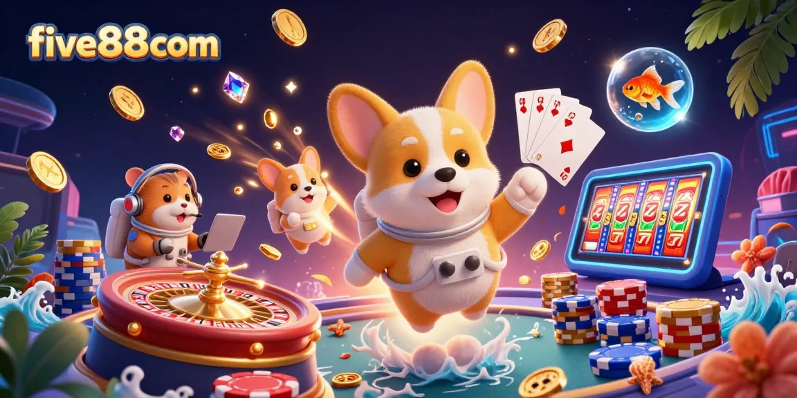 Engage in thrilling adventures at five88com, featuring a playful corgi astronaut in a casino.