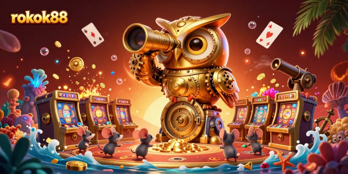Engage with exciting casino action at rokok88, featuring golden owl and mouse patrons among vibrant slots.