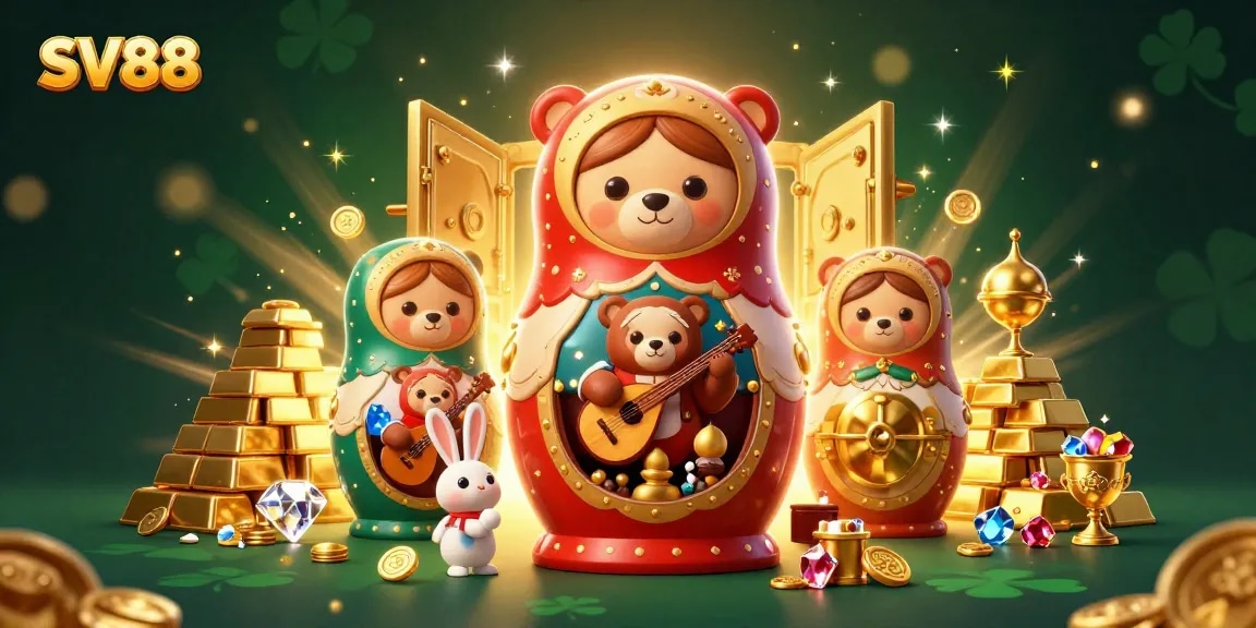 Experience the thrill of SV88 with dynamic casino characters amidst sparkling treasures.