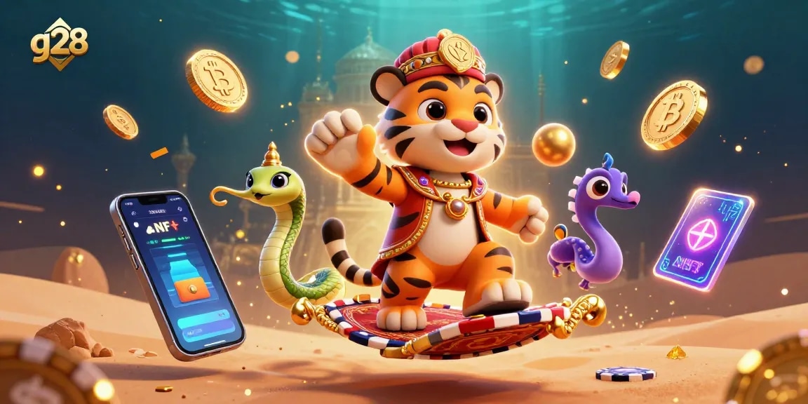 Spin and win at g28 with a vibrant 3D casino illustration showcasing cryptocurrency elements.