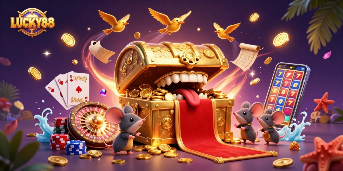 LUCKY88 attracts adventurers with riches in a vibrant casino illustration featuring golden treasures and game elements.