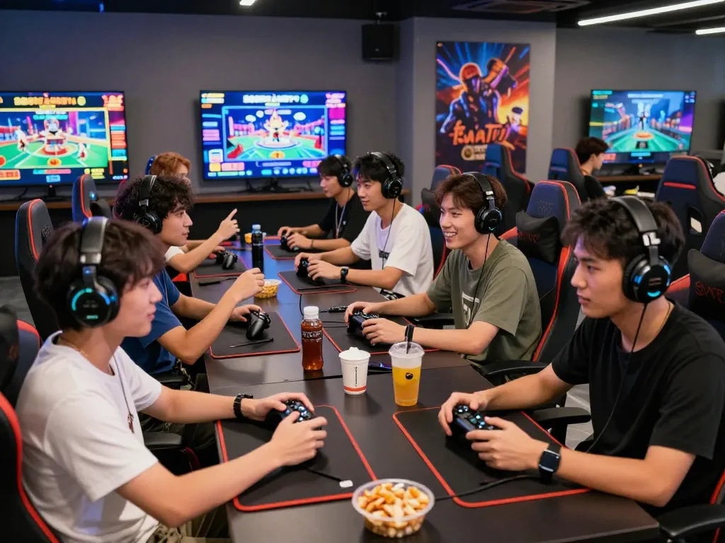 Group of friends enjoying online gaming at 68win, showcasing vibrant atmosphere and interactive experience.