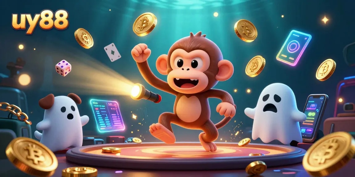 Track the playful uy88 poltergeist monkey juggling gold in a haunted casino scene.