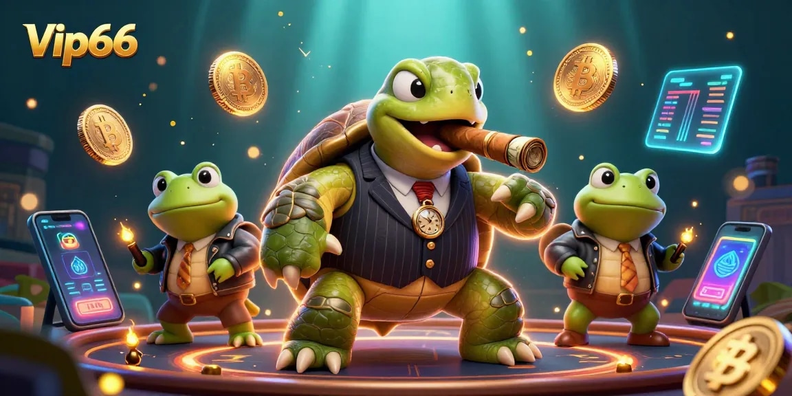 Experience excitement at Vip66 with a lively 3D casino scene featuring unique characters and crypto elements.