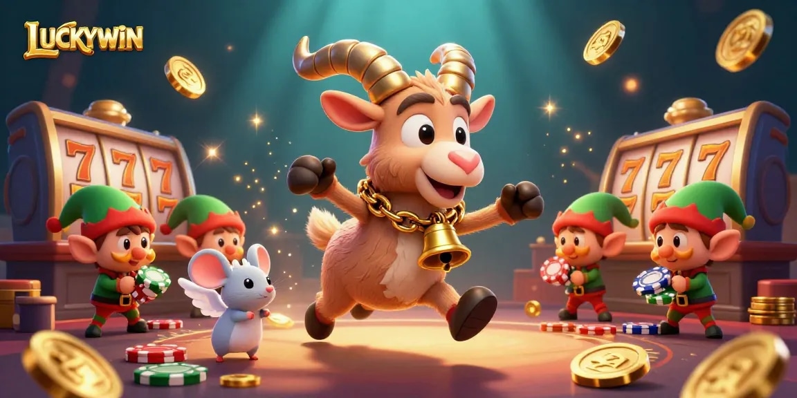 Join the action at LUCKYWIN with Krampus and friends amidst a lively casino scene.