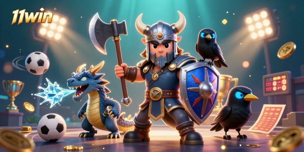 Experience thrills at 11WIN with a Viking warrior, dragon, and dynamic sports elements.