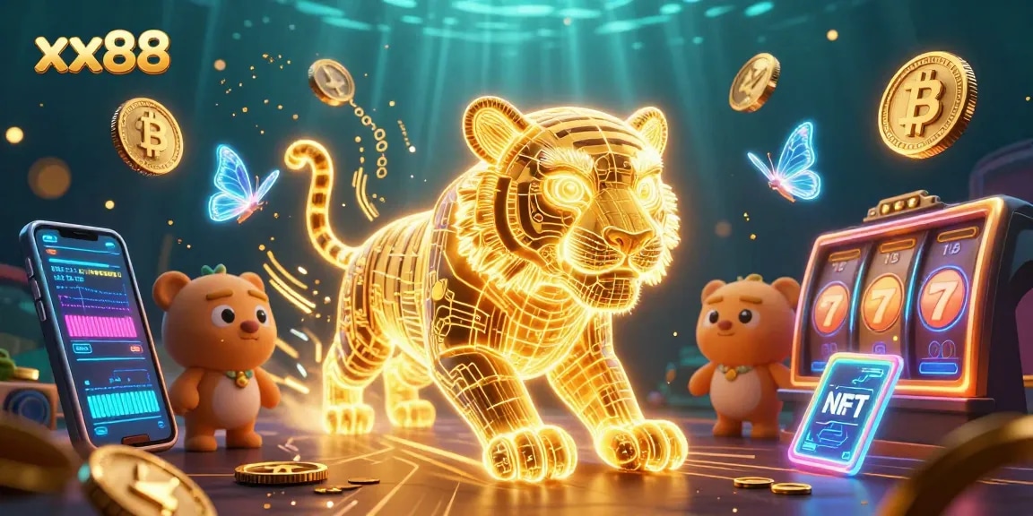 Bet on xx88 with a dynamic 3D casino scene featuring a golden tiger and digital currency elements.