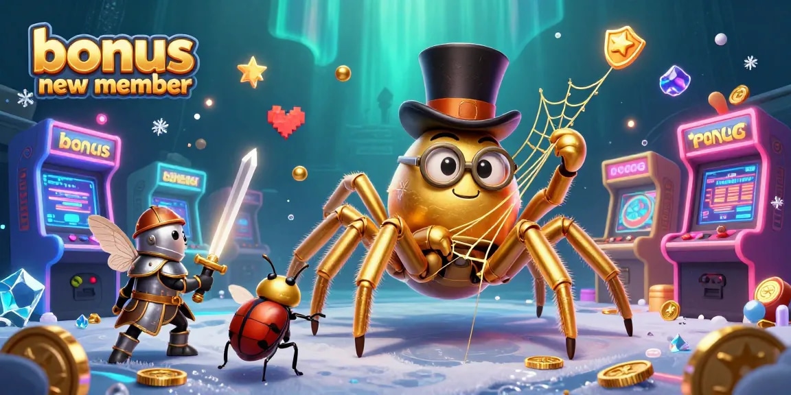 Menangkan bonus new member dengan pengantar petualangan kasino yang fantastis, ditampilkan melalui ilustrasi 3D.