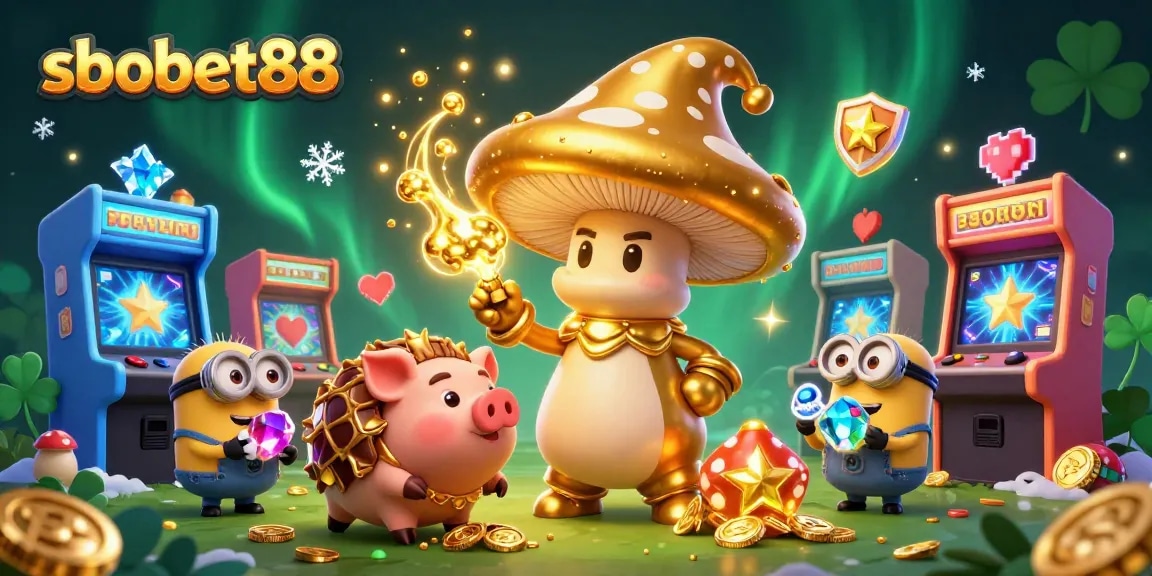 Experience sbobet88 magic with a golden mushroom wizard in an energetic casino scene.