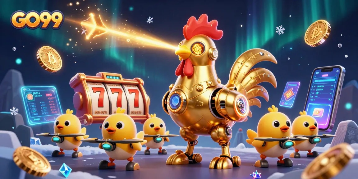 Join the excitement at GO99 with a dynamic golden rooster robot leading baby chick drones in a vibrant casino scene.