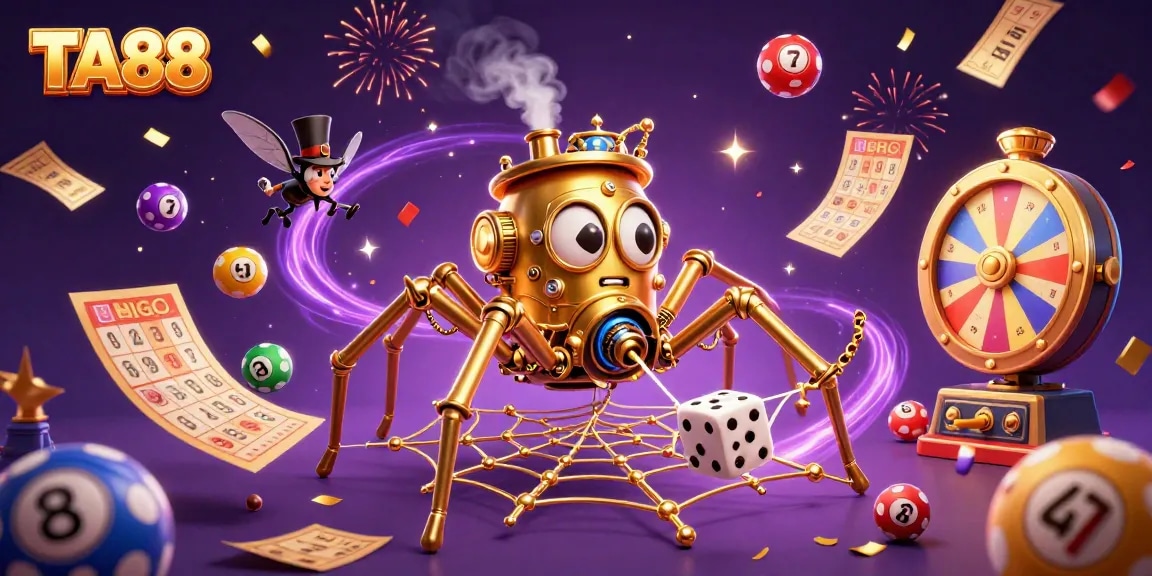 TA88 engaging players with a steampunk spider's web of games and vibrant lottery elements, creating a dynamic gambling scene.