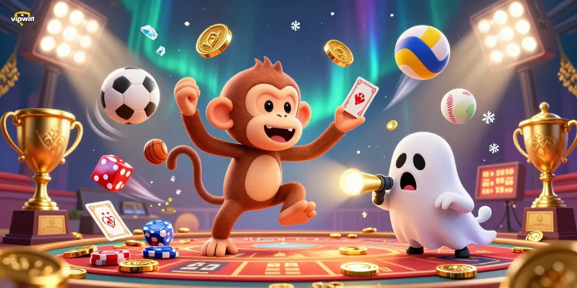 Experience vipwin's vibrant gambling action with a playful monkey and ghost-hunter puppy in a bustling casino.