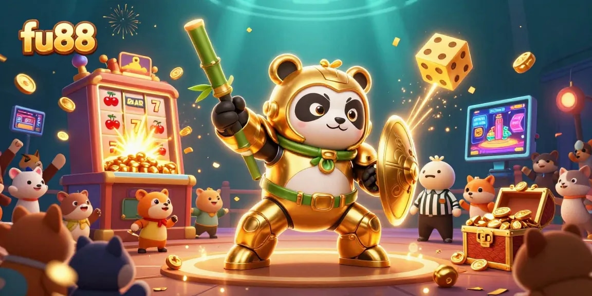 Join the excitement at fu88 with vibrant gaming scenes featuring a golden panda mech and thrilling slot jackpots.