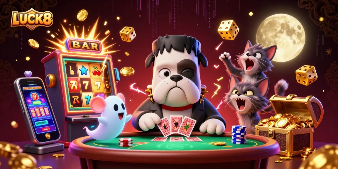 LUCK8 casino scene showcasing vibrant characters, slot machine action, and immersive game elements